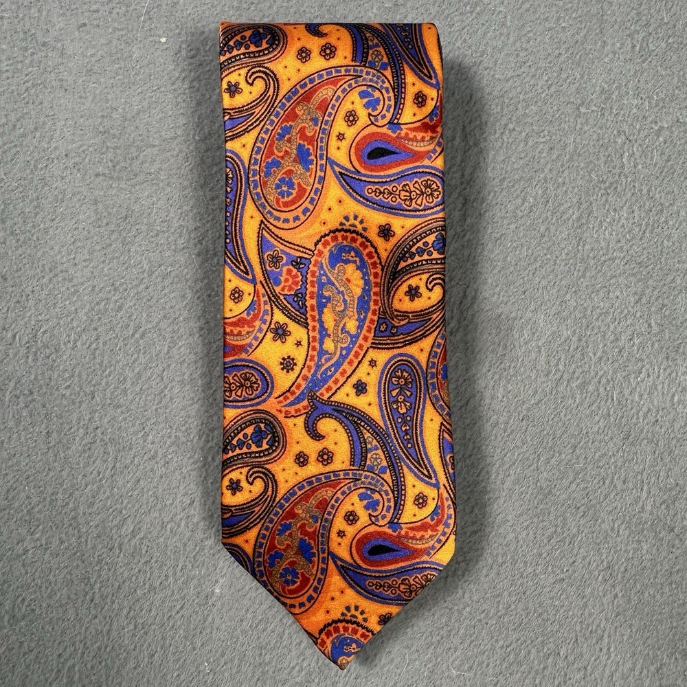 Bugatchi Italy Silk Tie Orange Blue Paisley Luxury Designer 3.25" Wide